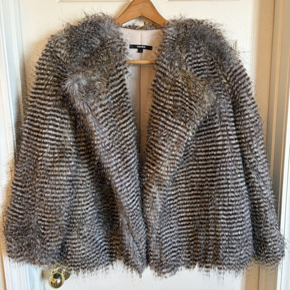 Naven Faux Fur Coat Jacket Women’s Size 2 Open Front Collared Striped Pockets
